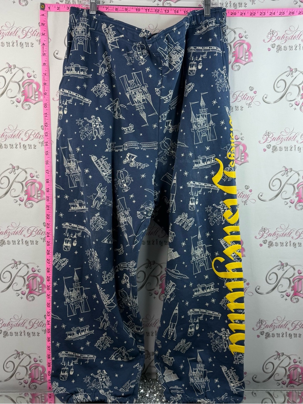 Disney 100 pants rare sweatpants Navy Castle Print Lounge Pants Yellow Script